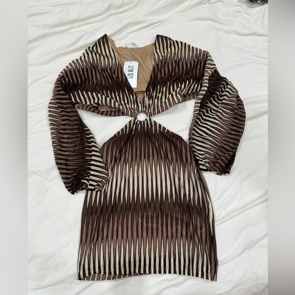 12th Tribe Brown Striped Mini Dress with Cutouts - Picture 3 of 4